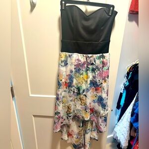 Strapless Sweetheart High Low Black and Floral Cocktail Dress